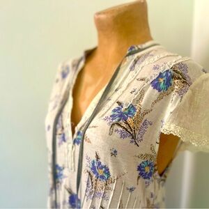 Free People Tunic Tee Purple & Orange Boho Floral Lightweight Long - Size M